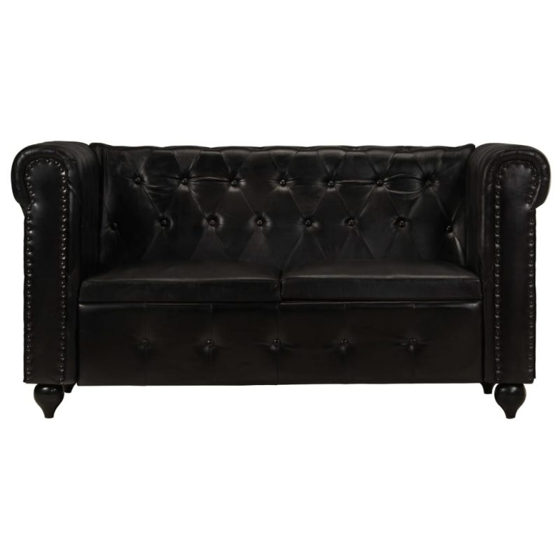 Dvosjed Chesterfield od prave kože crni - Slika 3