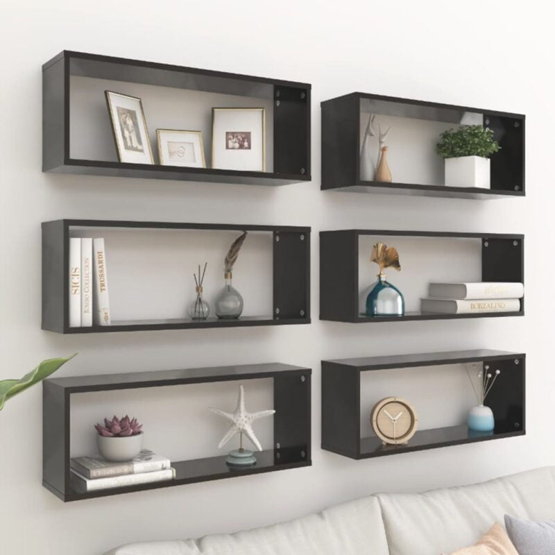 Kockaste zidne police 6 kom crne 60 x 15 x 23 cm od iverice