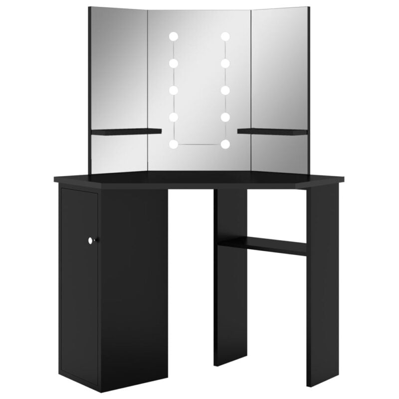 Kutni toaletni stolić s LED svjetlom crni 111 x 54 x 141