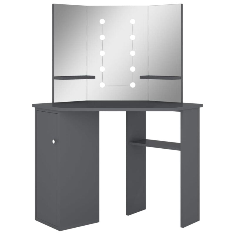 Kutni toaletni stolić s LED svjetlom sivi 111 x 54 x 141